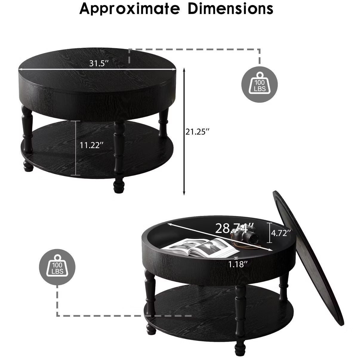 Round Coffee Table with Hidden Storage – Lift-Top Natural Oak Center Table