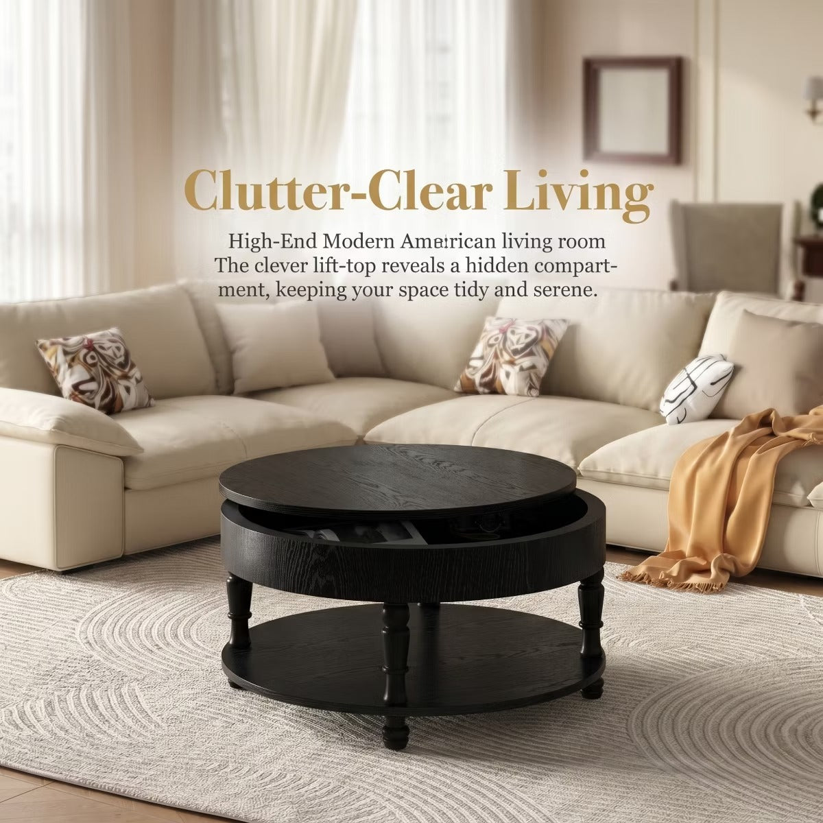 Round Coffee Table with Hidden Storage – Lift-Top Natural Oak Center Table