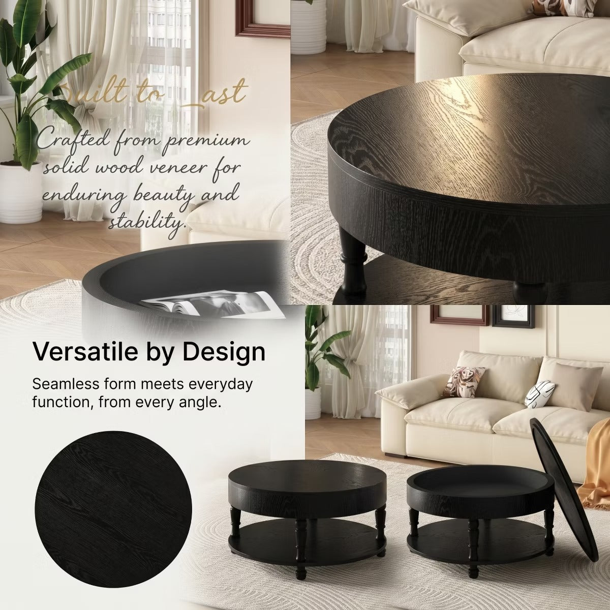 Round Coffee Table with Hidden Storage – Lift-Top Natural Oak Center Table