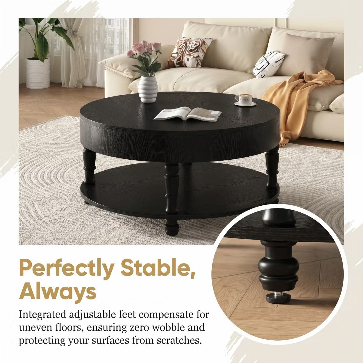 Round Coffee Table with Hidden Storage – Lift-Top Natural Oak Center Table