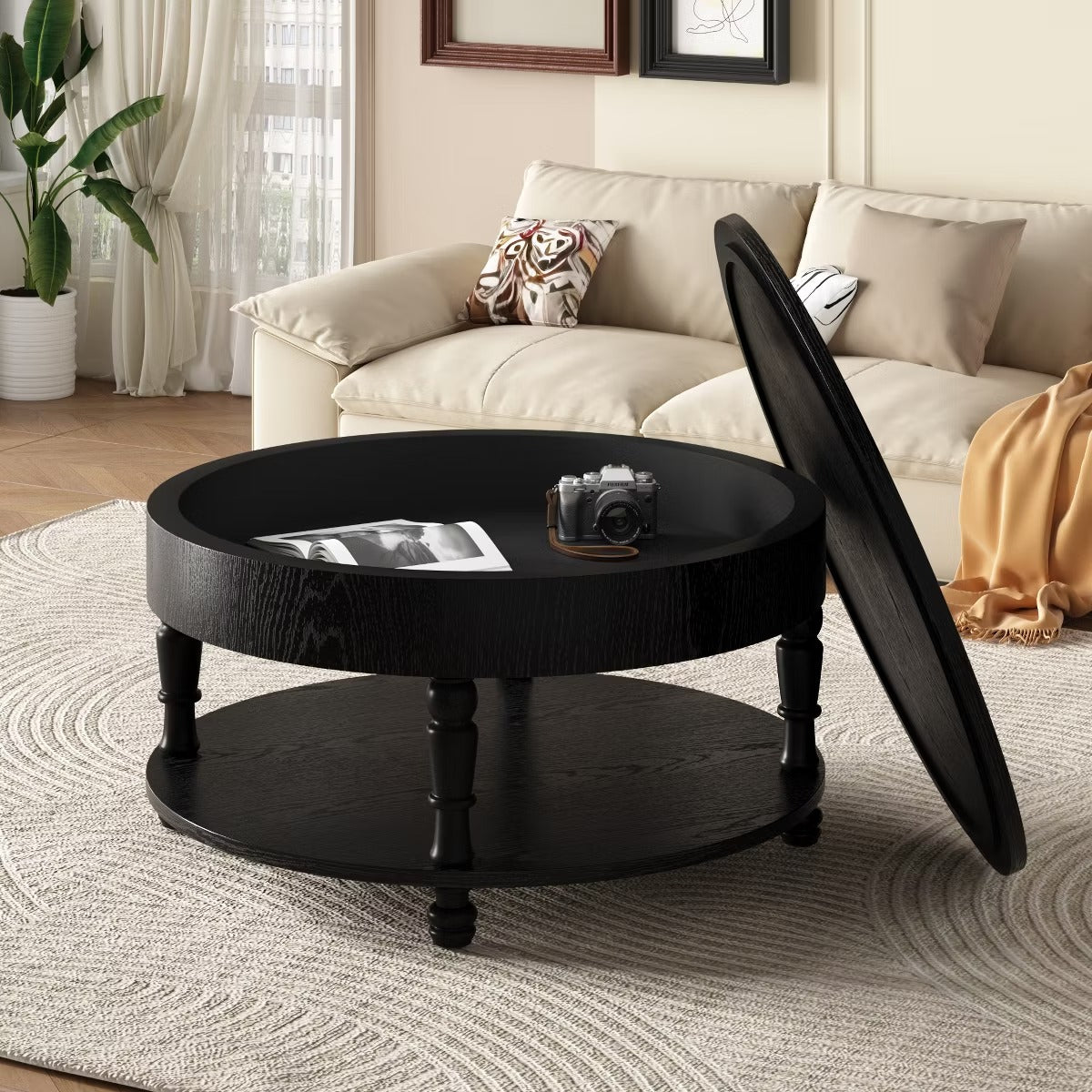 Round Coffee Table with Hidden Storage – Lift-Top Natural Oak Center Table