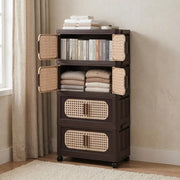 Folding Storage Cabinet with Rattan-Style Doors & Rolling Wheels