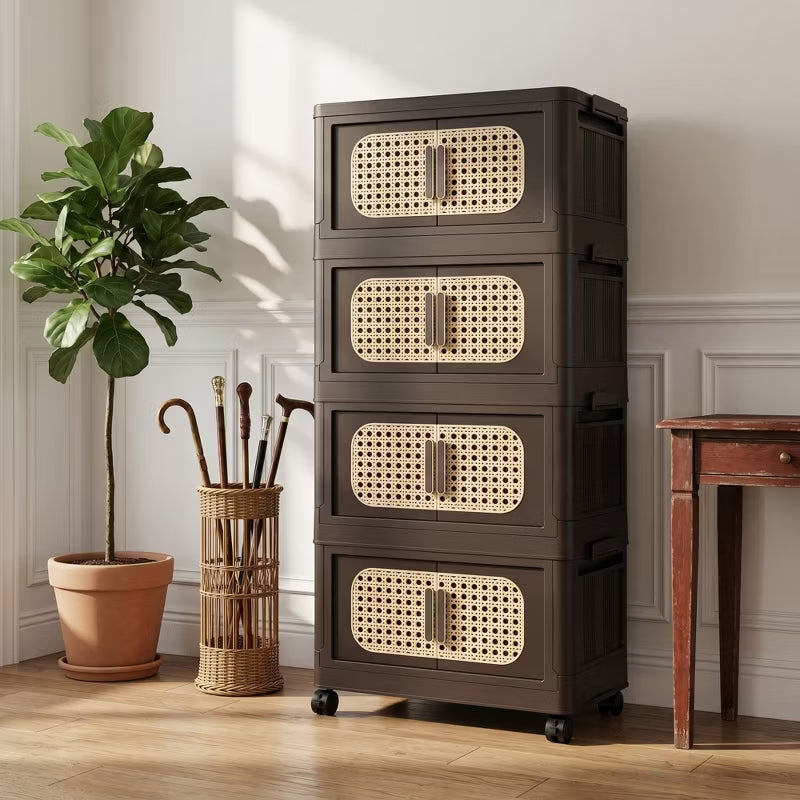 Folding Storage Cabinet with Rattan-Style Doors & Rolling Wheels