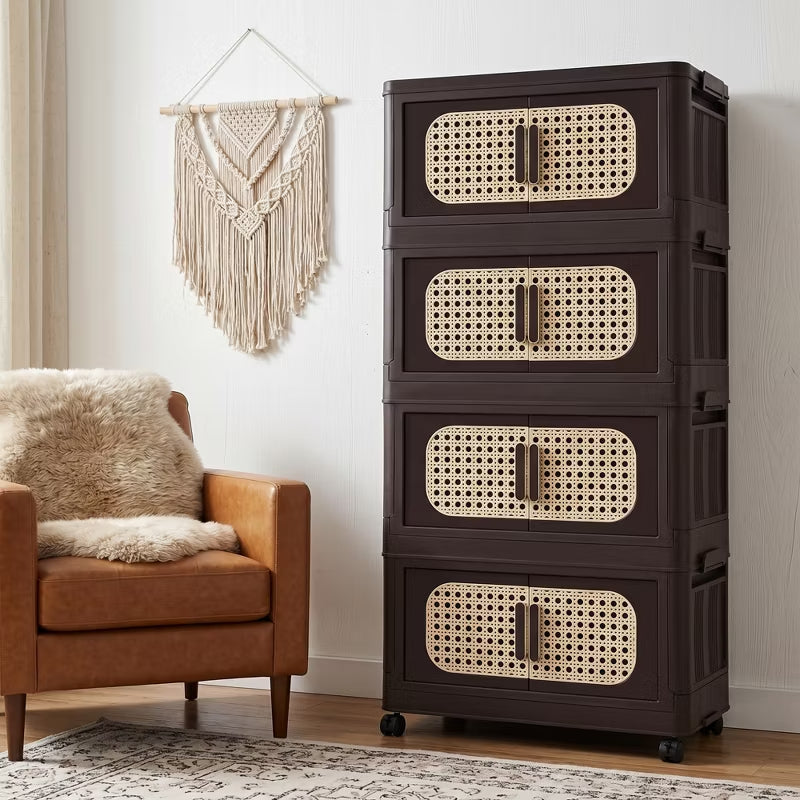 Folding Storage Cabinet with Rattan-Style Doors & Rolling Wheels