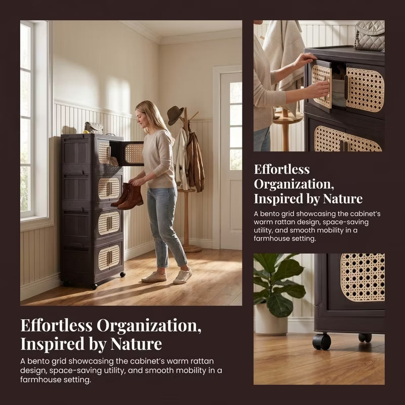 Folding Storage Cabinet with Rattan-Style Doors & Rolling Wheels