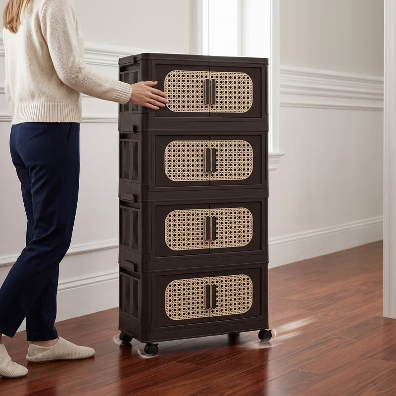 Folding Storage Cabinet with Rattan-Style Doors & Rolling Wheels