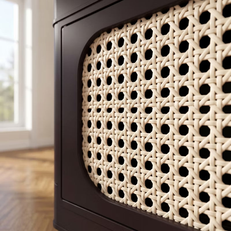 Folding Storage Cabinet with Rattan-Style Doors & Rolling Wheels