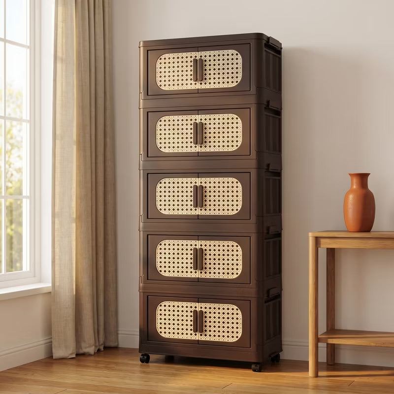 Folding Storage Cabinet with Rattan-Style Doors & Rolling Wheels