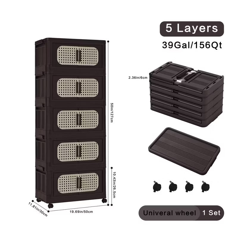 Folding Storage Cabinet with Rattan-Style Doors & Rolling Wheels