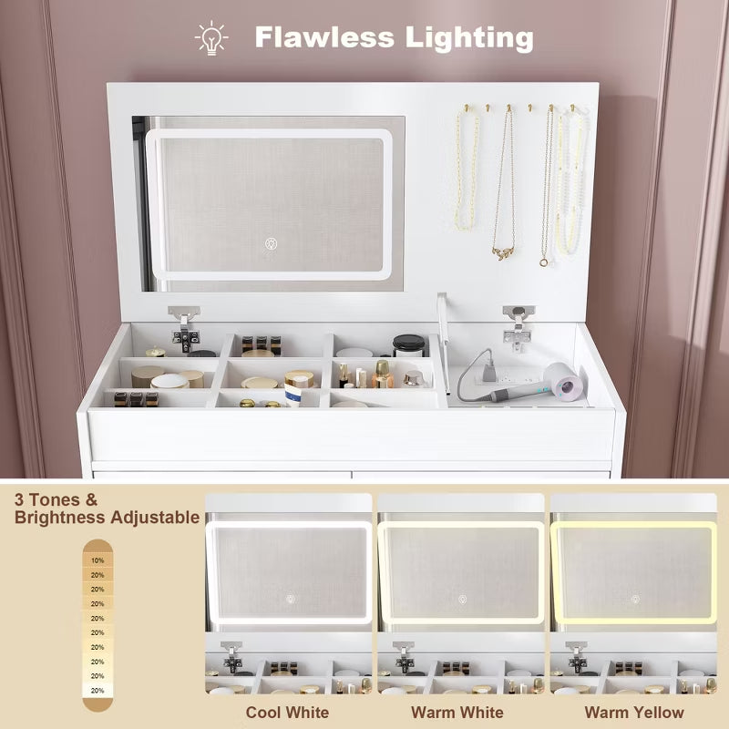 Modern Flip-Top Makeup Vanity Desk with LED Mirror & Built-In Charging Station
