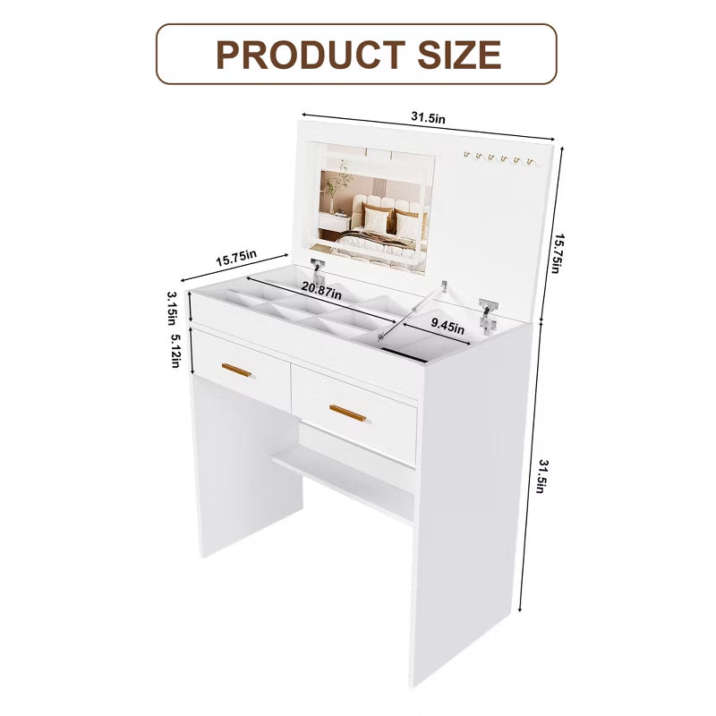 Modern Flip-Top Makeup Vanity Desk with LED Mirror & Built-In Charging Station