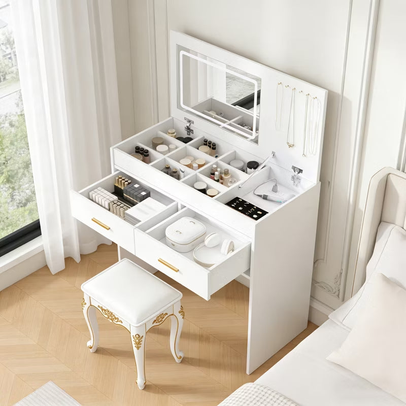 Modern Flip-Top Makeup Vanity Desk with LED Mirror & Built-In Charging Station