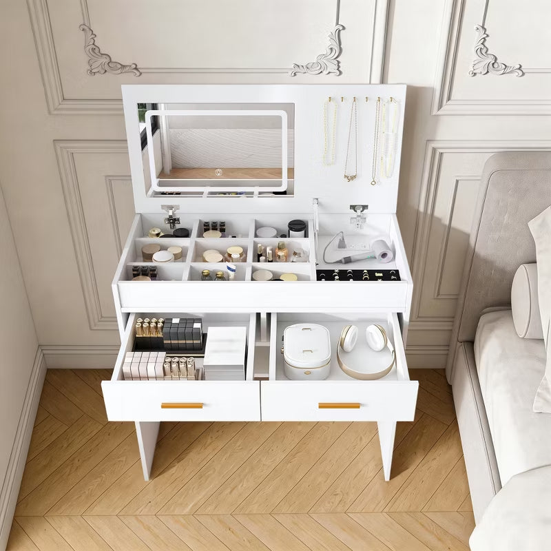 Modern Flip-Top Makeup Vanity Desk with LED Mirror & Built-In Charging Station