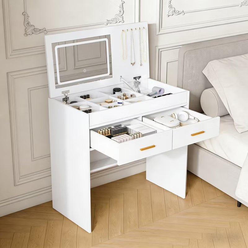 Modern Flip-Top Makeup Vanity Desk with LED Mirror & Built-In Charging Station
