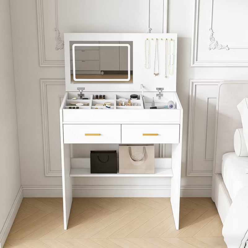 Modern Flip-Top Makeup Vanity Desk with LED Mirror & Built-In Charging Station