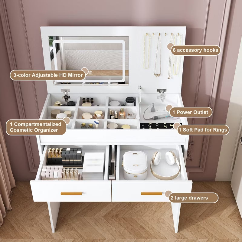 Modern Flip-Top Makeup Vanity Desk with LED Mirror & Built-In Charging Station