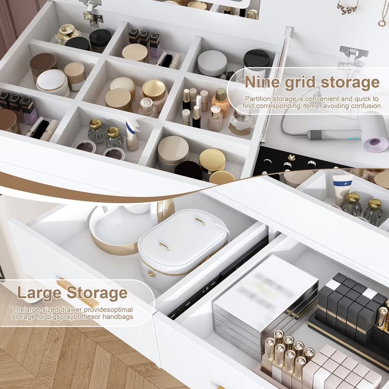 Modern Flip-Top Makeup Vanity Desk with LED Mirror & Built-In Charging Station