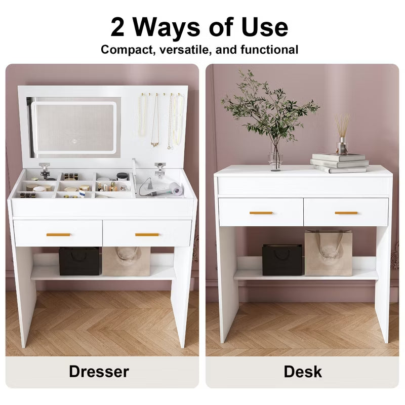 Modern Flip-Top Makeup Vanity Desk with LED Mirror & Built-In Charging Station