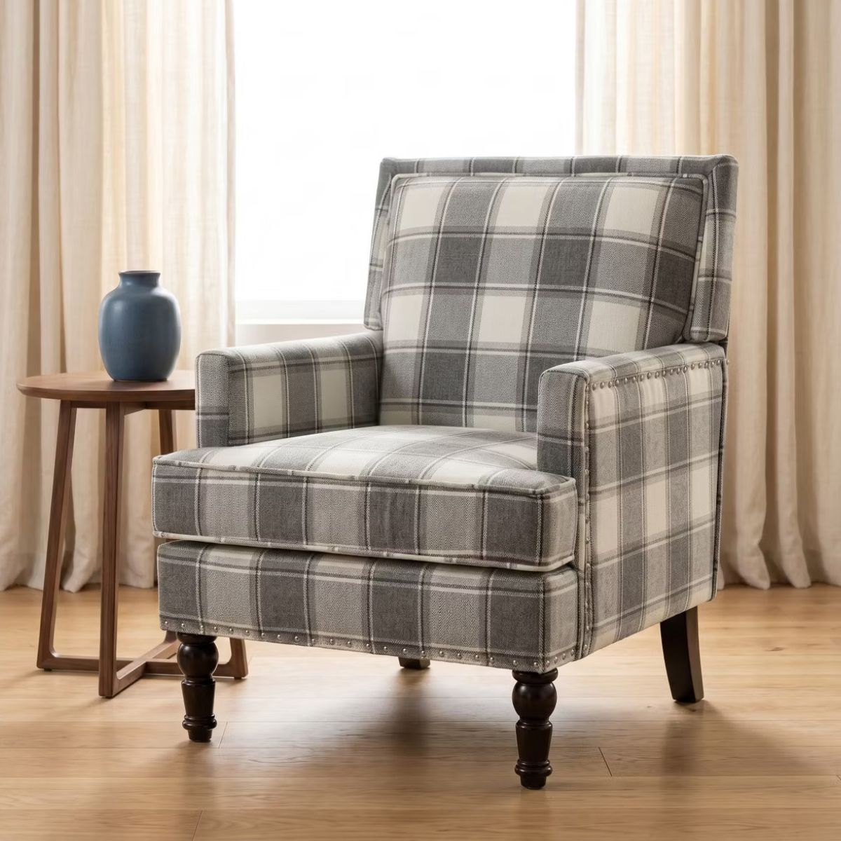 Plaid Upholstered Accent Chair with Nailhead Trim & Wood Legs