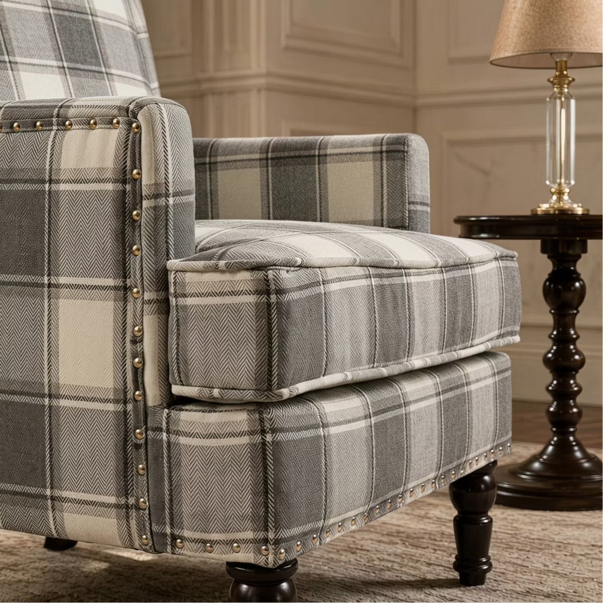Plaid Upholstered Accent Chair with Nailhead Trim & Wood Legs