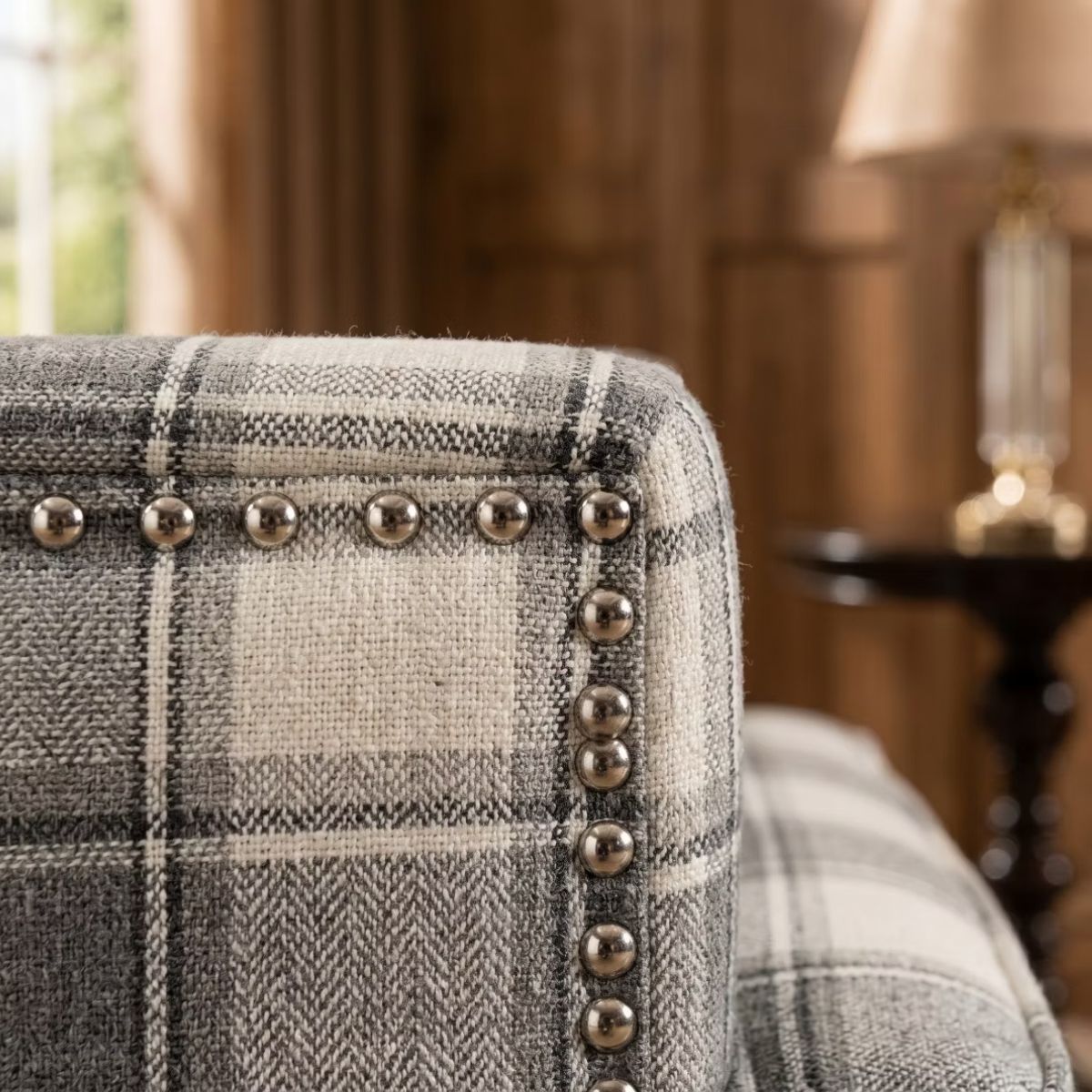 Plaid Upholstered Accent Chair with Nailhead Trim & Wood Legs