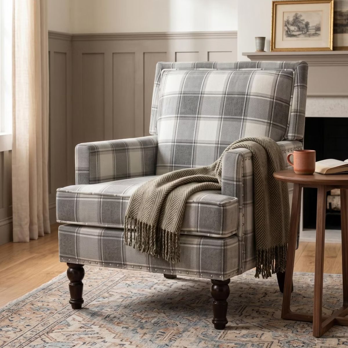 Plaid Upholstered Accent Chair with Nailhead Trim & Wood Legs