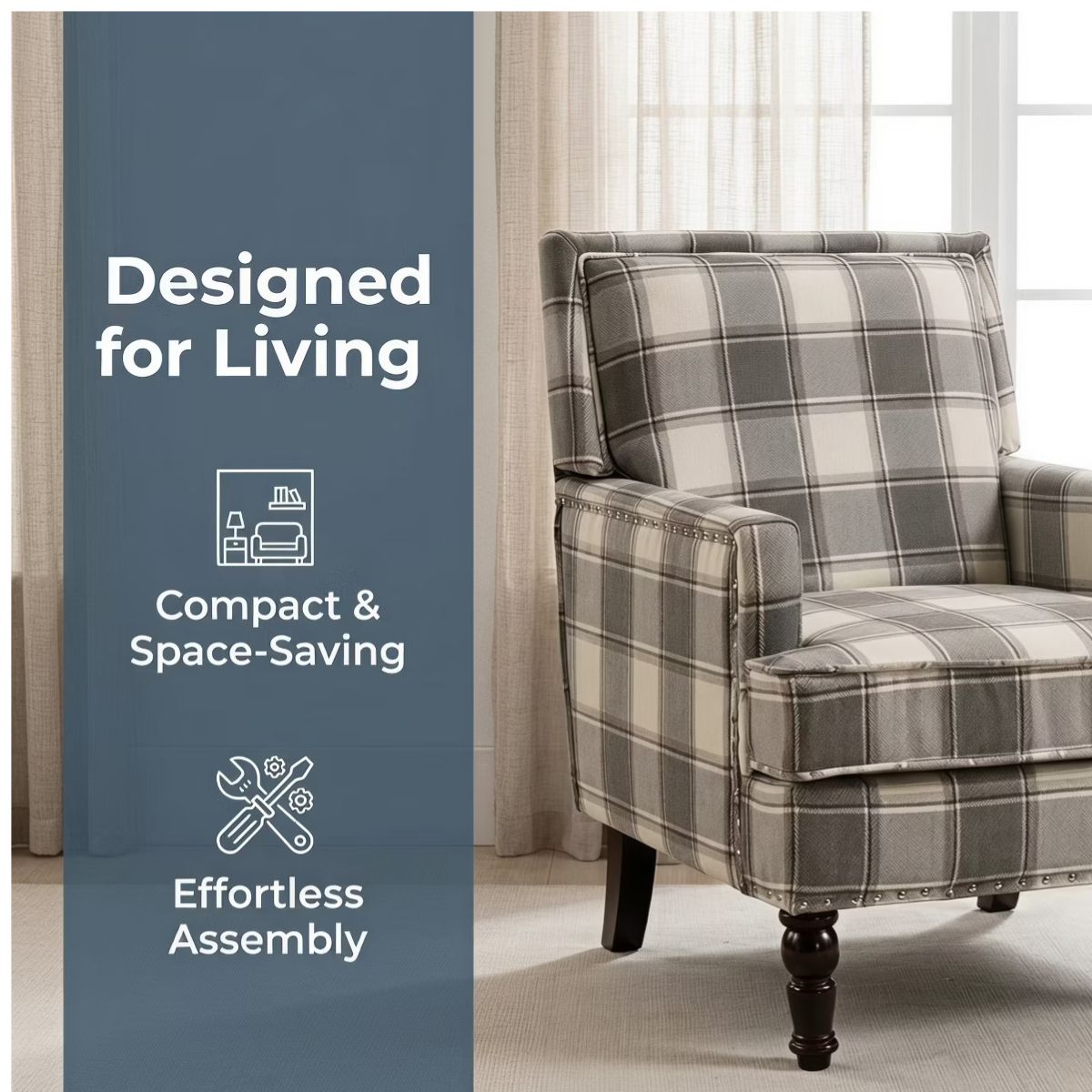 Plaid Upholstered Accent Chair with Nailhead Trim & Wood Legs