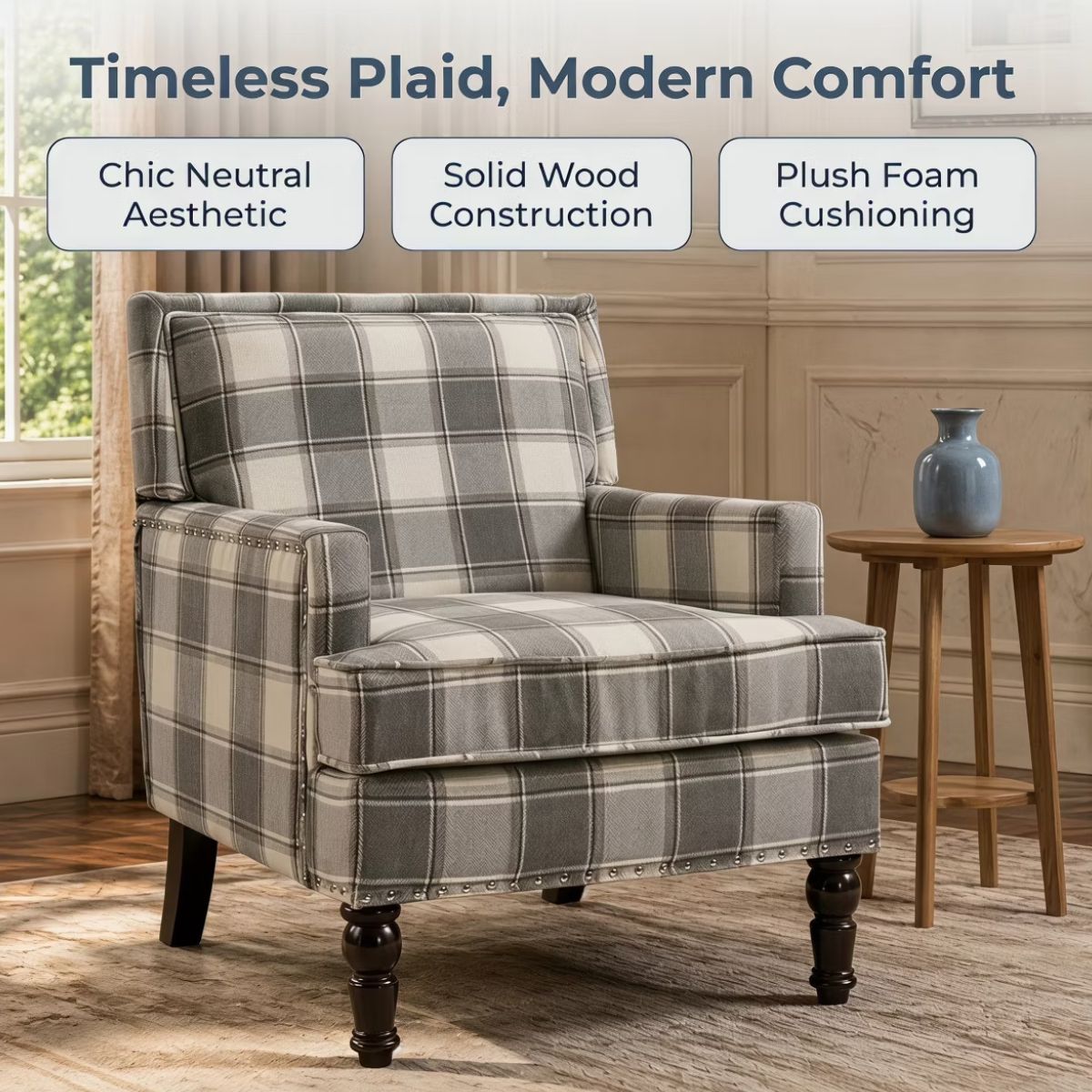 Plaid Upholstered Accent Chair with Nailhead Trim & Wood Legs