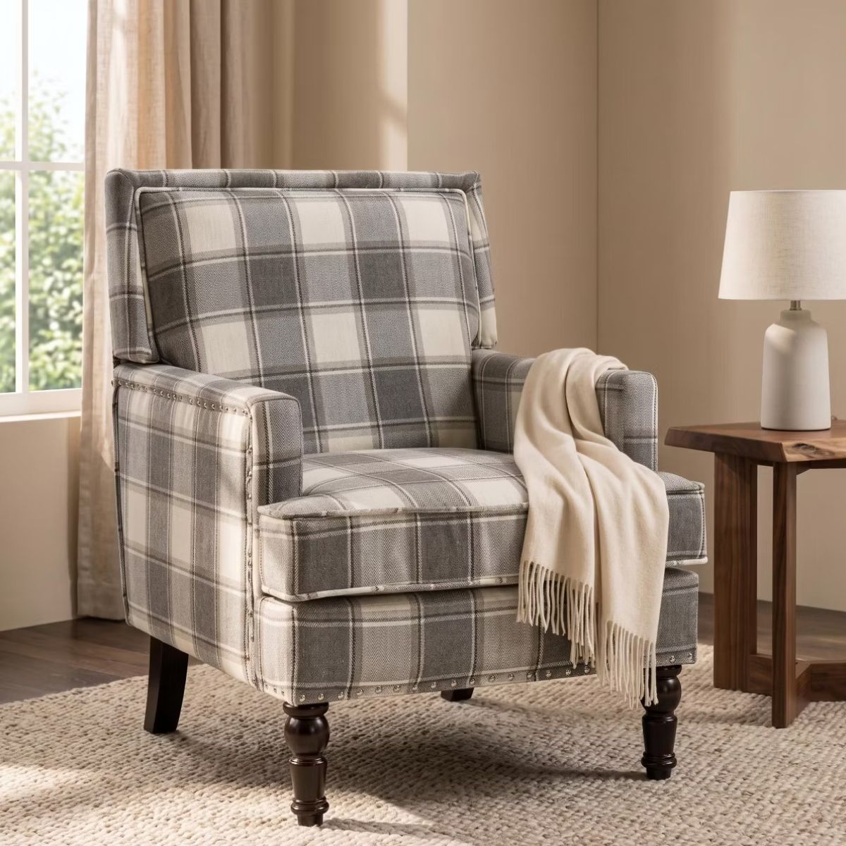 Plaid Upholstered Accent Chair with Nailhead Trim & Wood Legs