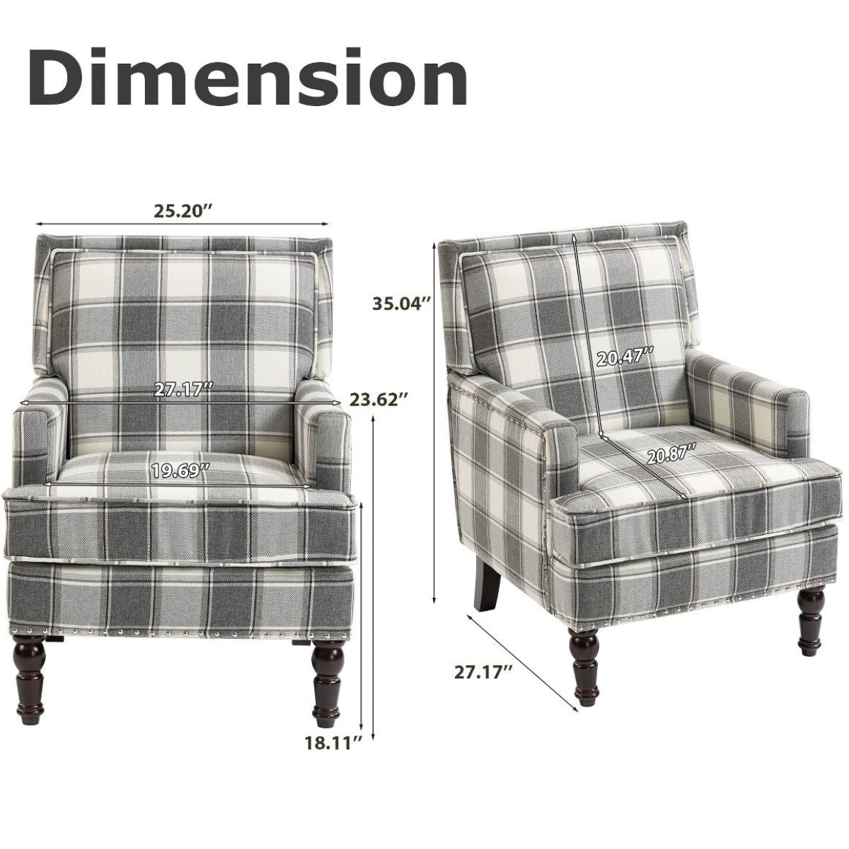 Plaid Upholstered Accent Chair with Nailhead Trim & Wood Legs