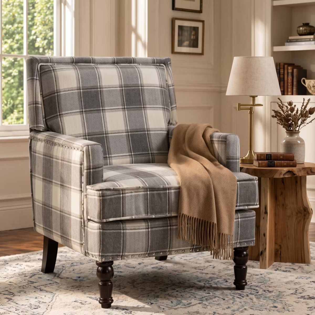 Plaid Upholstered Accent Chair with Nailhead Trim & Wood Legs