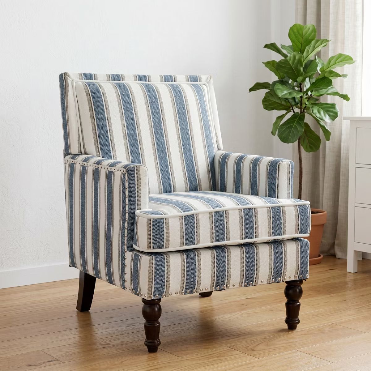 Plaid Upholstered Accent Chair with Nailhead Trim & Wood Legs