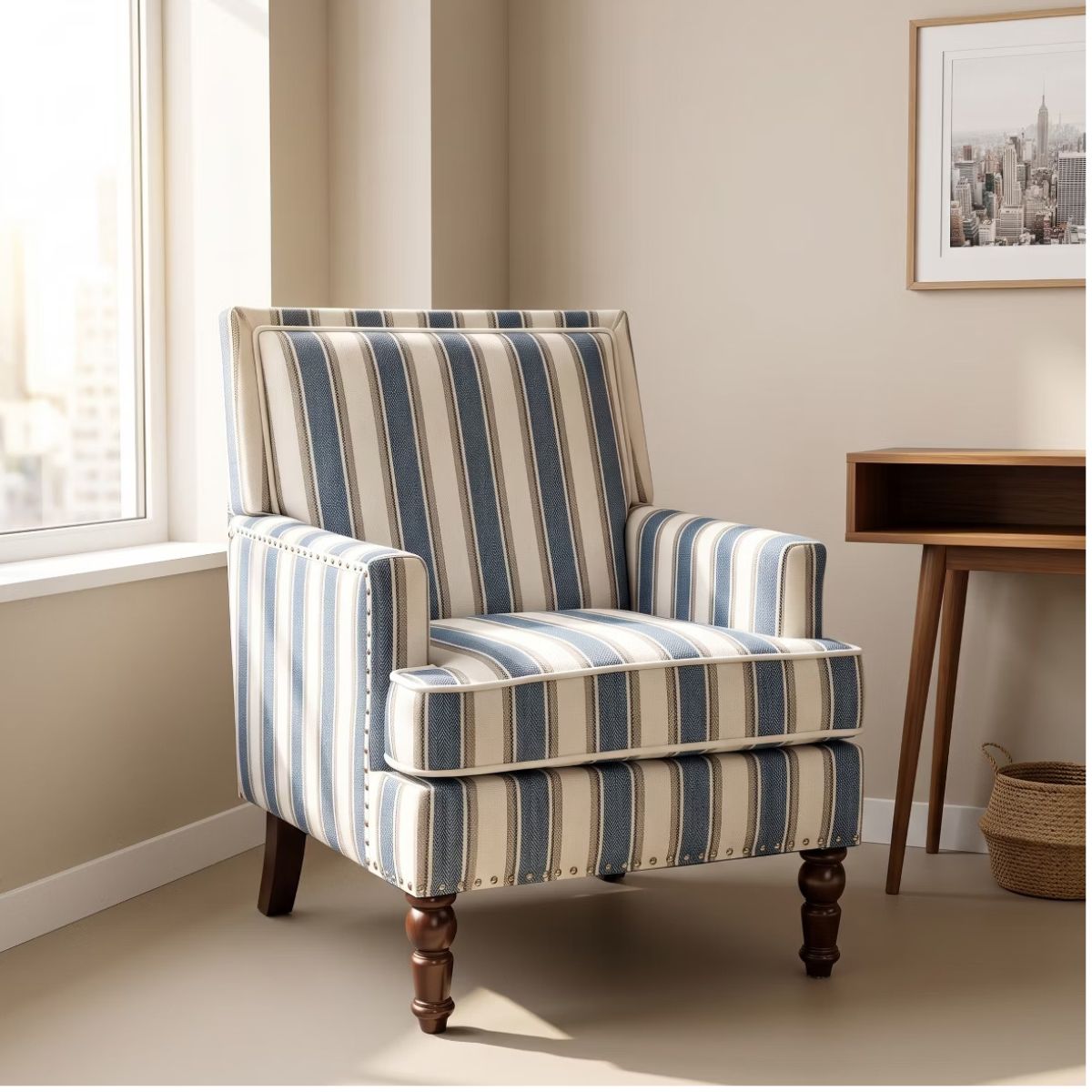 Plaid Upholstered Accent Chair with Nailhead Trim & Wood Legs