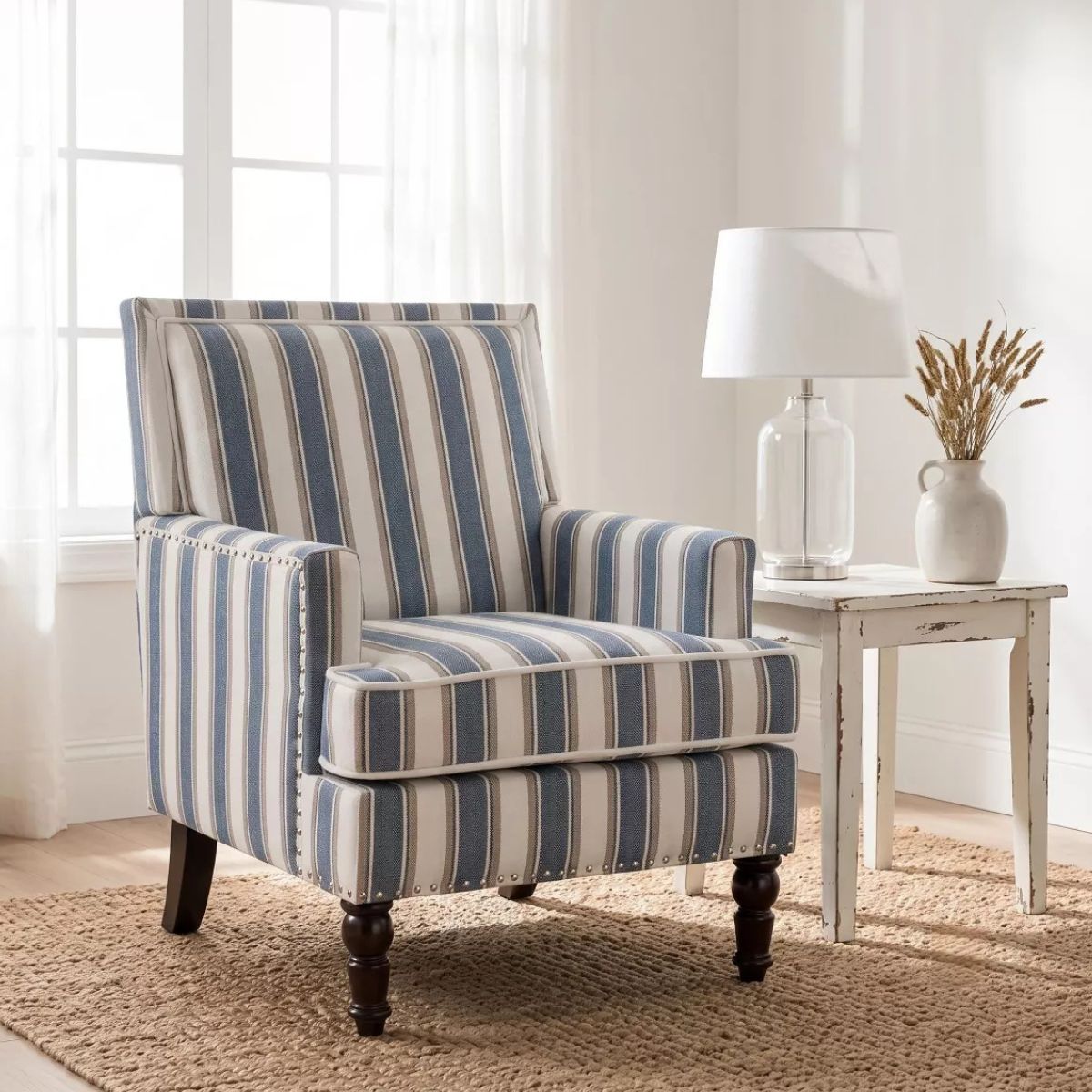 Plaid Upholstered Accent Chair with Nailhead Trim & Wood Legs