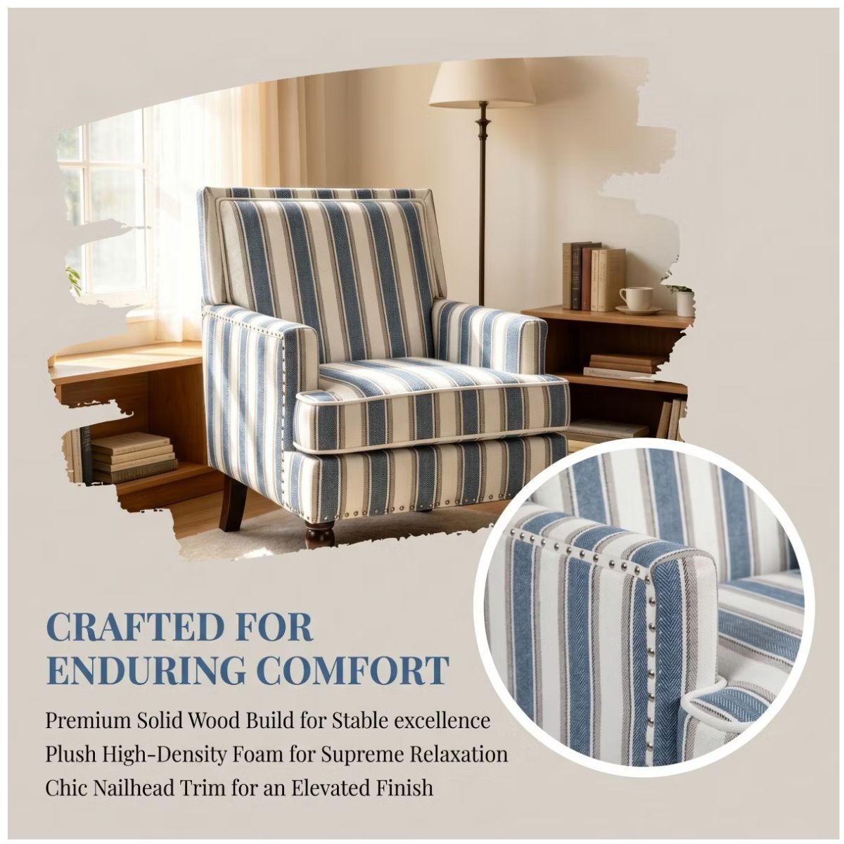 Plaid Upholstered Accent Chair with Nailhead Trim & Wood Legs