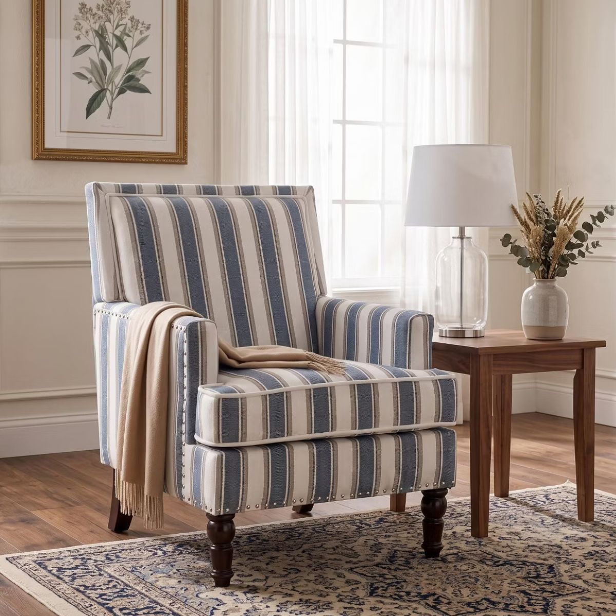 Plaid Upholstered Accent Chair with Nailhead Trim & Wood Legs