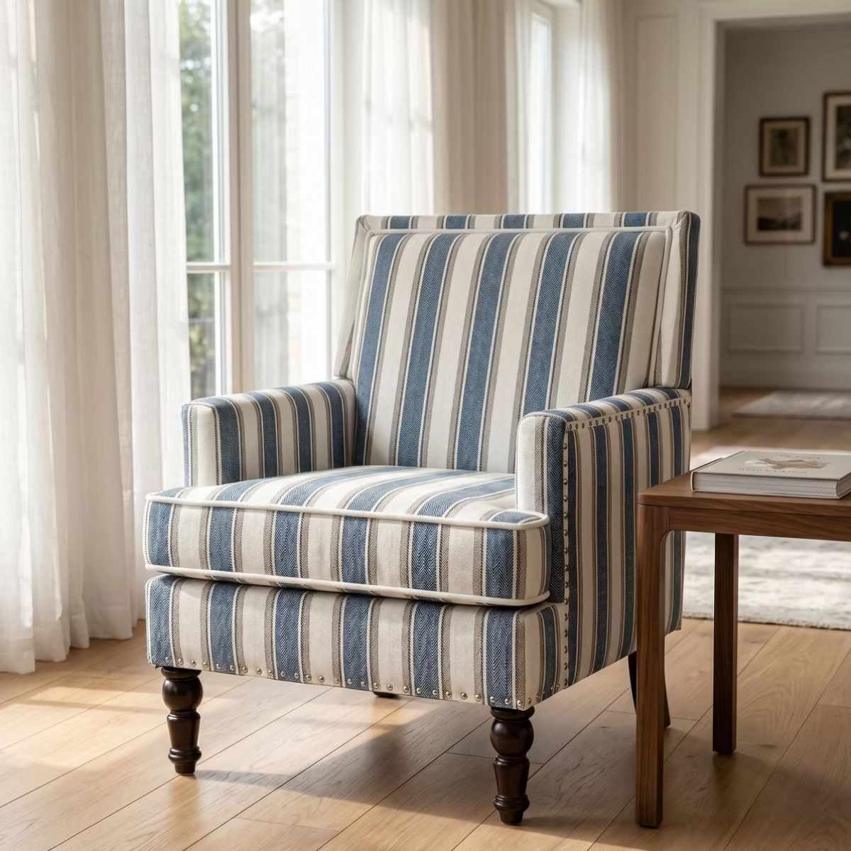 Plaid Upholstered Accent Chair with Nailhead Trim & Wood Legs