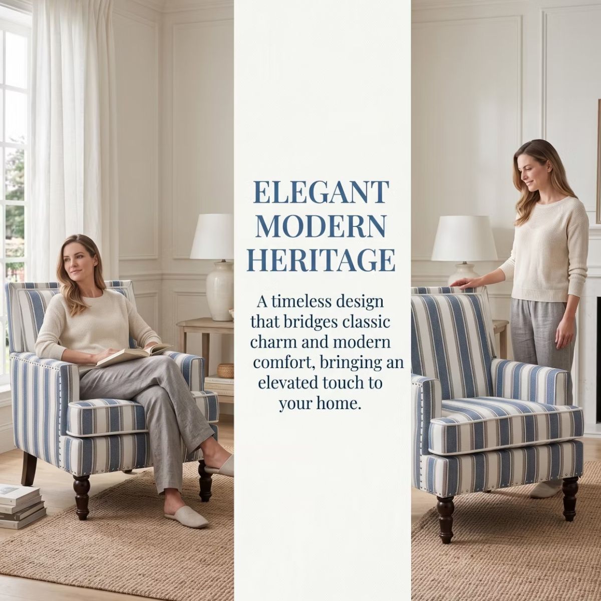 Plaid Upholstered Accent Chair with Nailhead Trim & Wood Legs