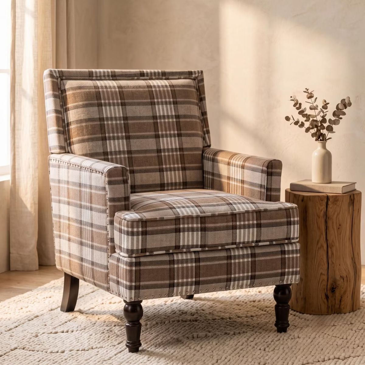 Plaid Upholstered Accent Chair with Nailhead Trim & Wood Legs