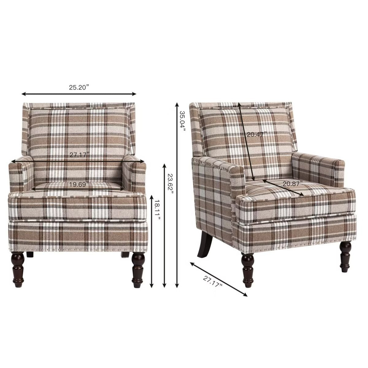 Plaid Upholstered Accent Chair with Nailhead Trim & Wood Legs