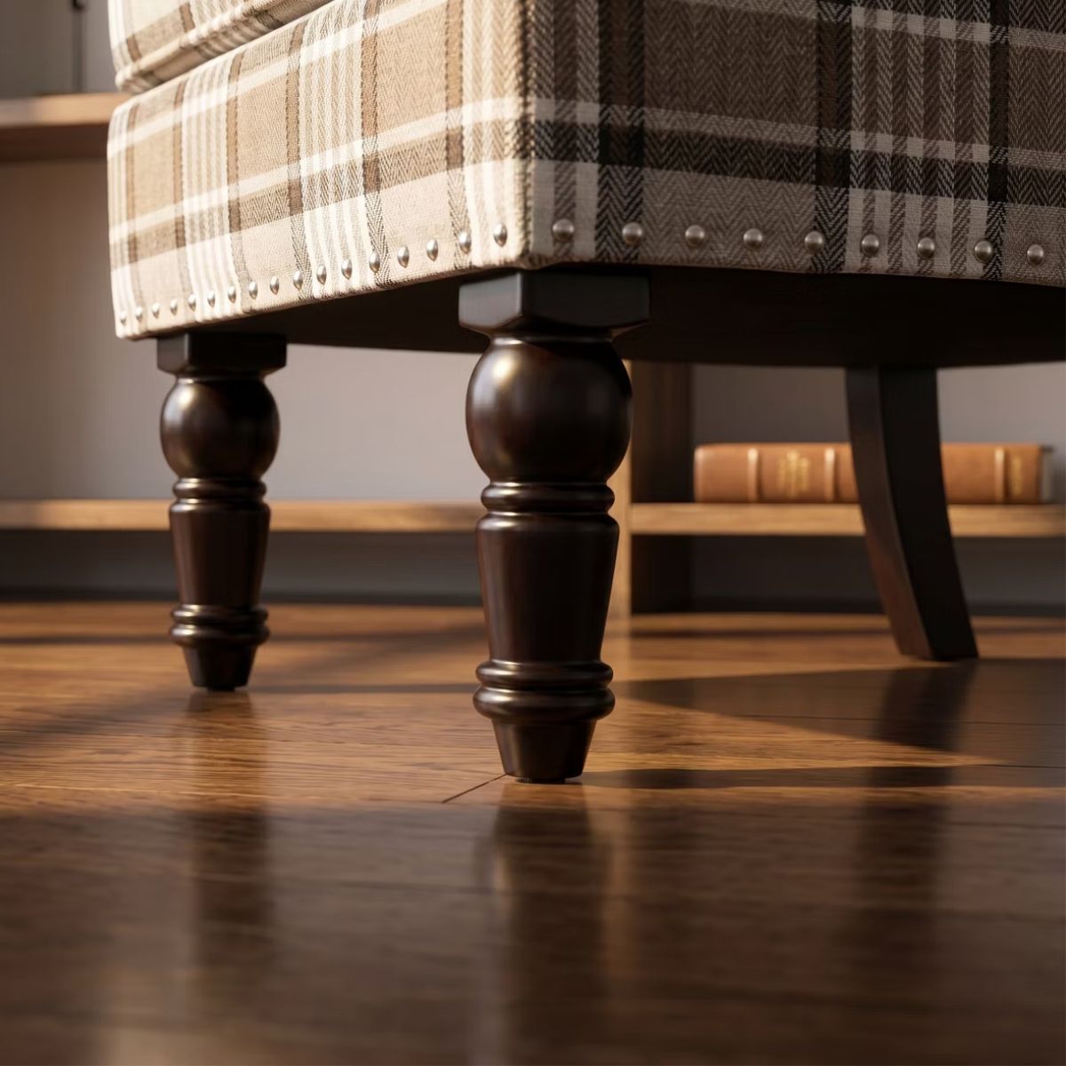Plaid Upholstered Accent Chair with Nailhead Trim & Wood Legs