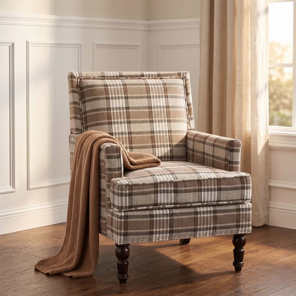 Plaid Upholstered Accent Chair with Nailhead Trim & Wood Legs