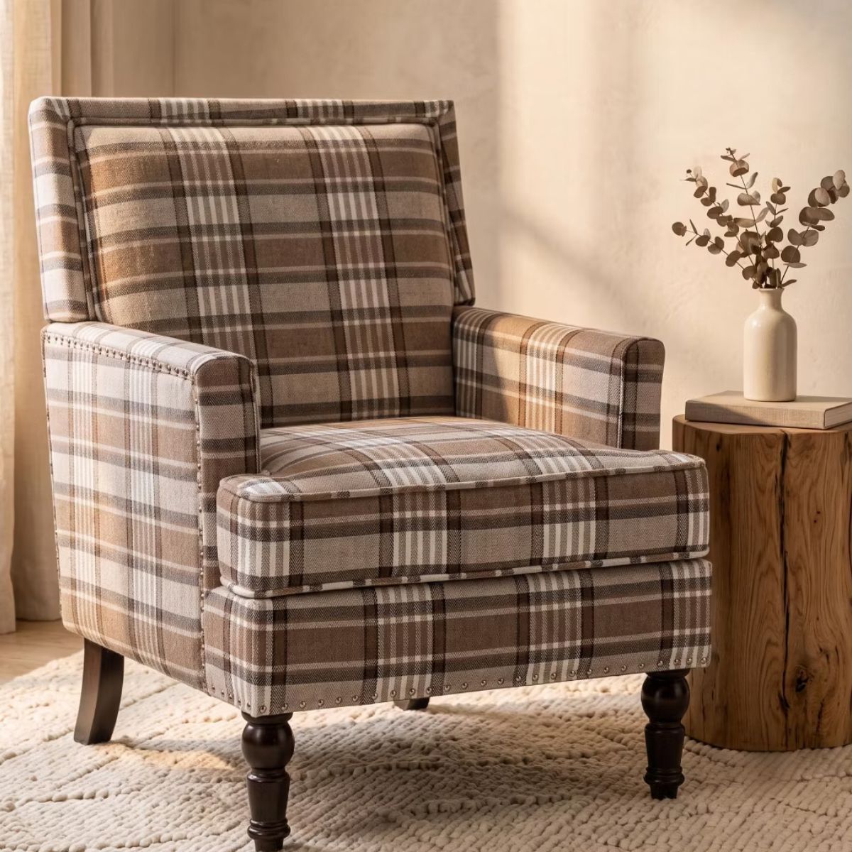 Plaid Upholstered Accent Chair with Nailhead Trim & Wood Legs
