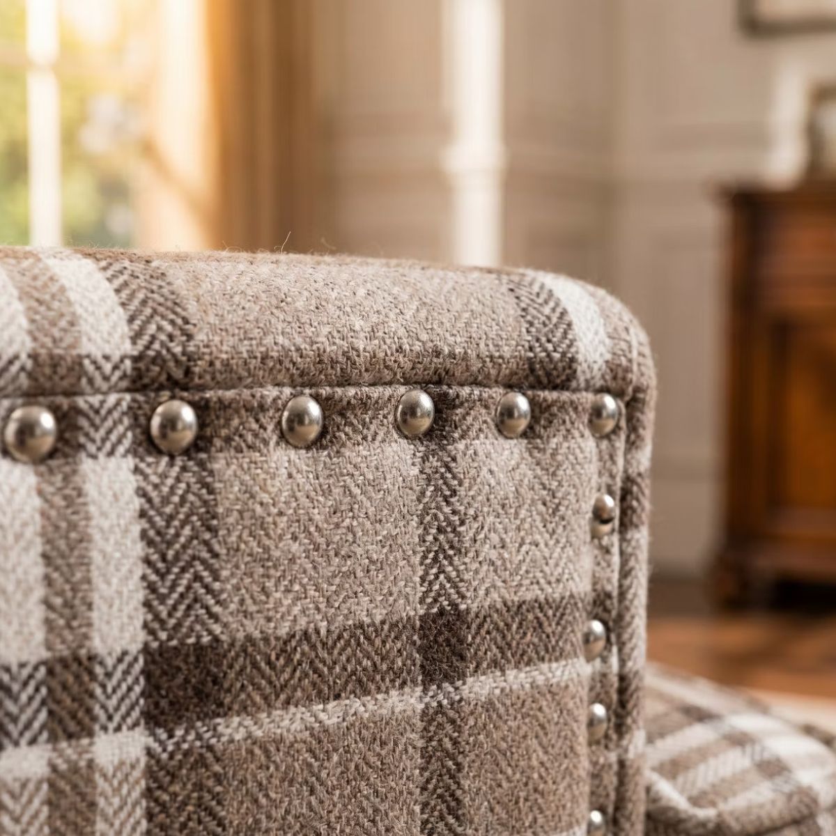 Plaid Upholstered Accent Chair with Nailhead Trim & Wood Legs