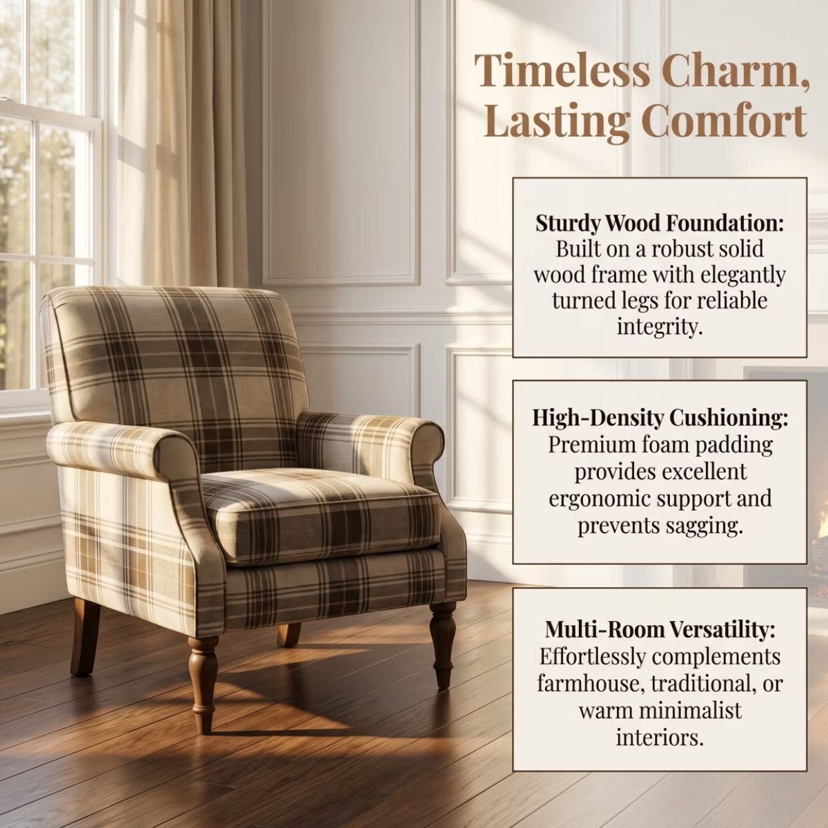 Plaid Upholstered Accent Chair with Nailhead Trim & Wood Legs