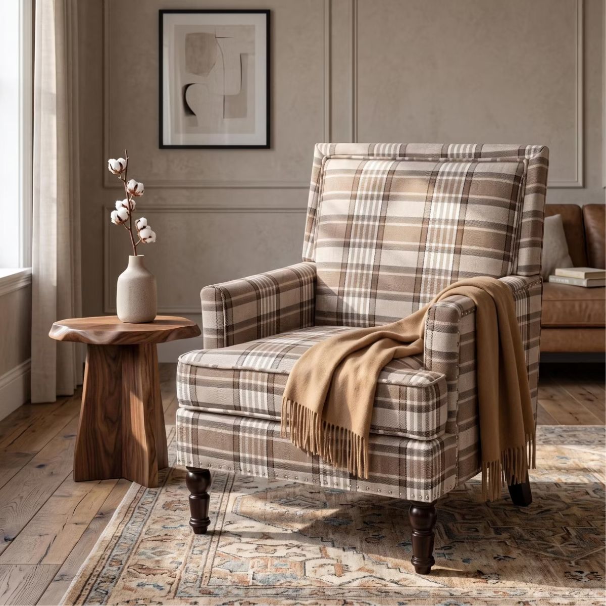Plaid Upholstered Accent Chair with Nailhead Trim & Wood Legs