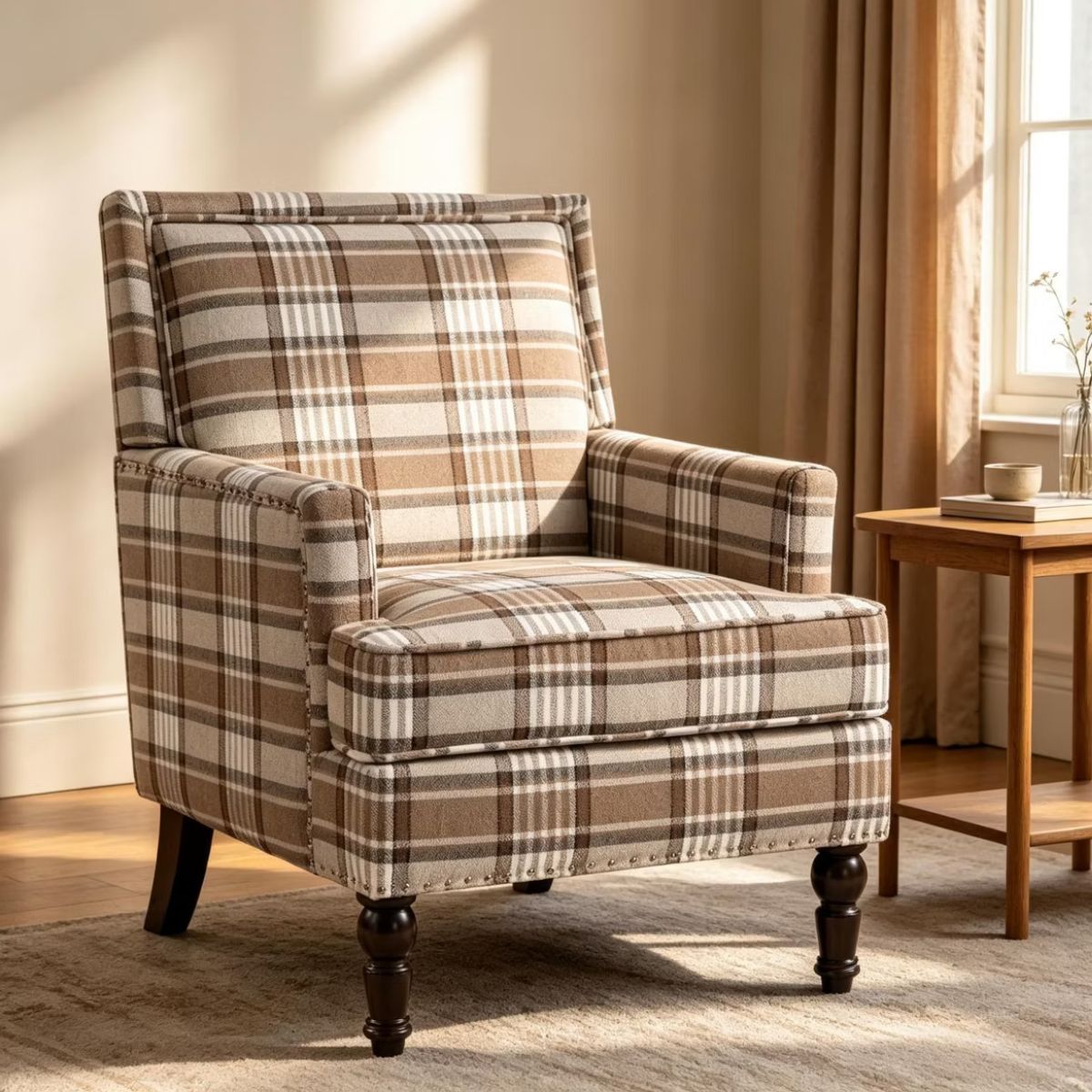 Plaid Upholstered Accent Chair with Nailhead Trim & Wood Legs