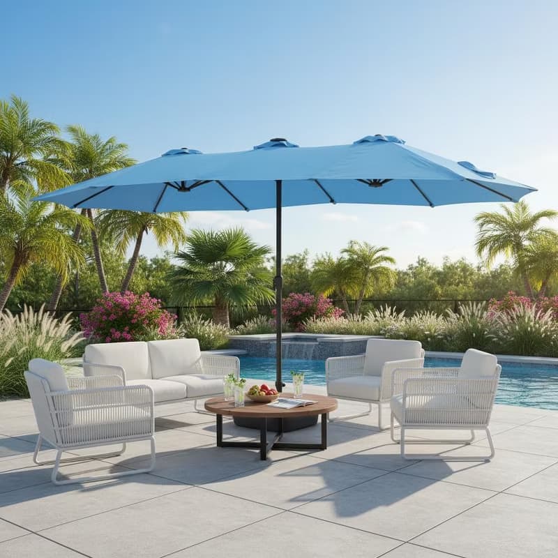 15x9ft Double-Sided Patio Umbrella with Base for Backyard, Deck & Pool