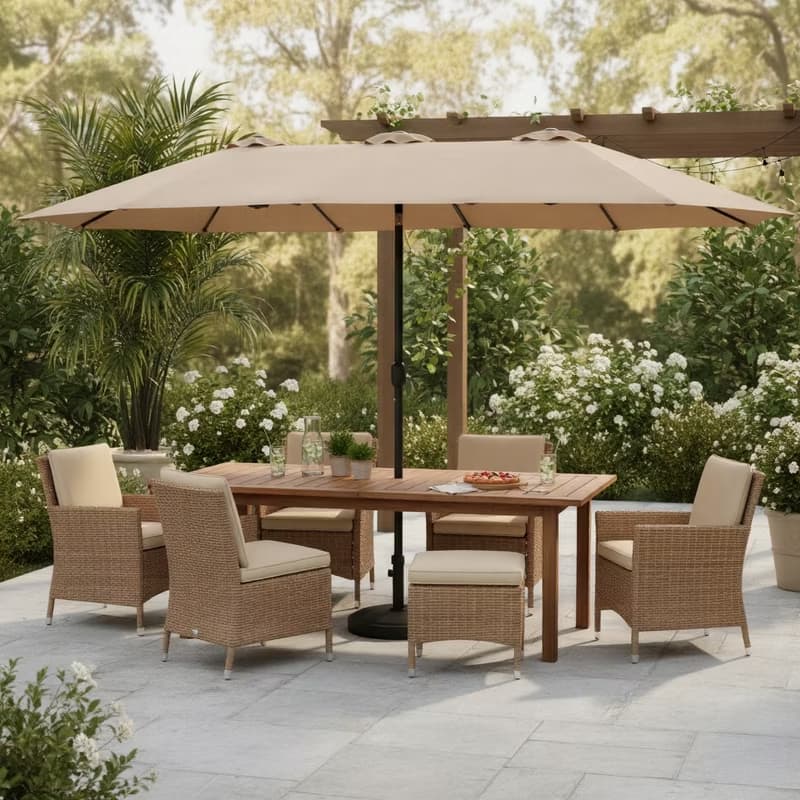 15x9ft Double-Sided Patio Umbrella with Base for Backyard, Deck & Pool