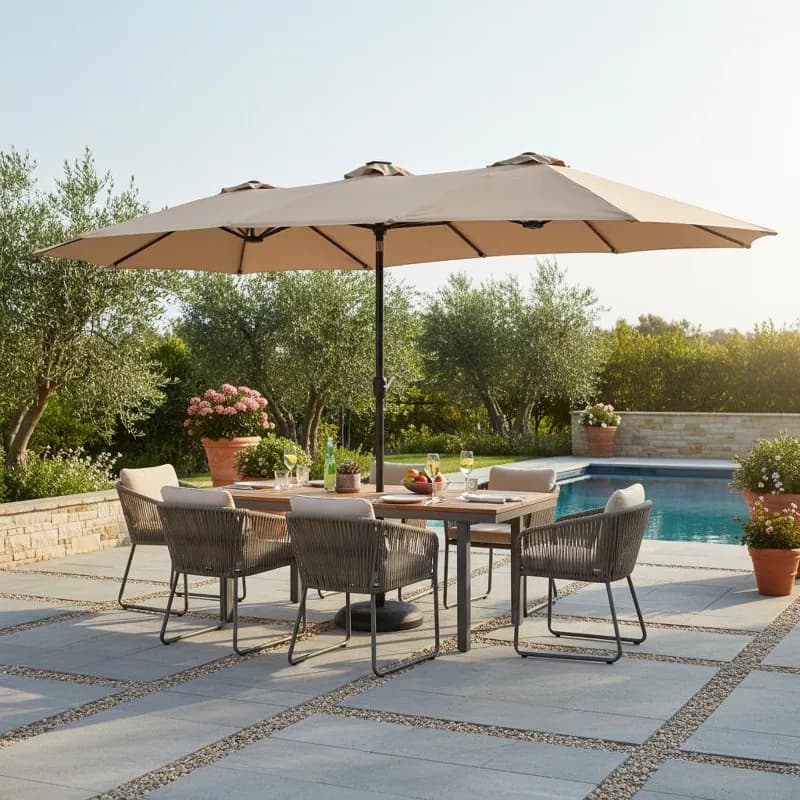 15x9ft Double-Sided Patio Umbrella with Base for Backyard, Deck & Pool